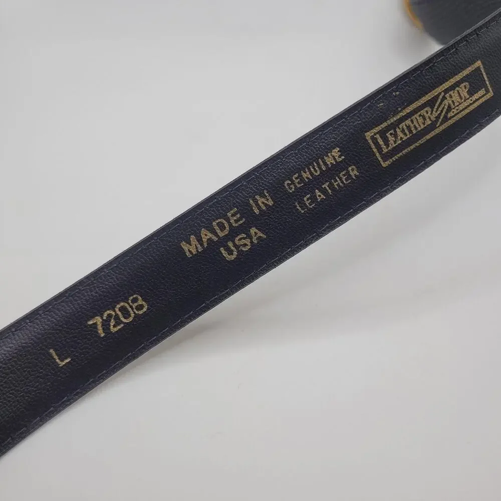 VTG Leather Shop Belt Lg Black Leather Lizard Embossed Round Buckle 80s Retro